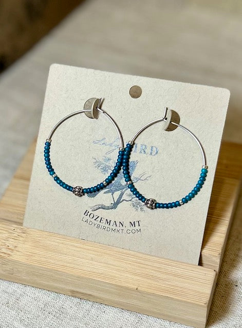 Sapphire Blue & Decorative Silver Beaded Hoop Earrings