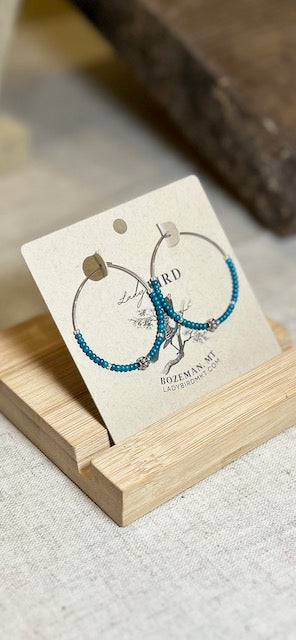 Sapphire Blue & Decorative Silver Beaded Hoop Earrings