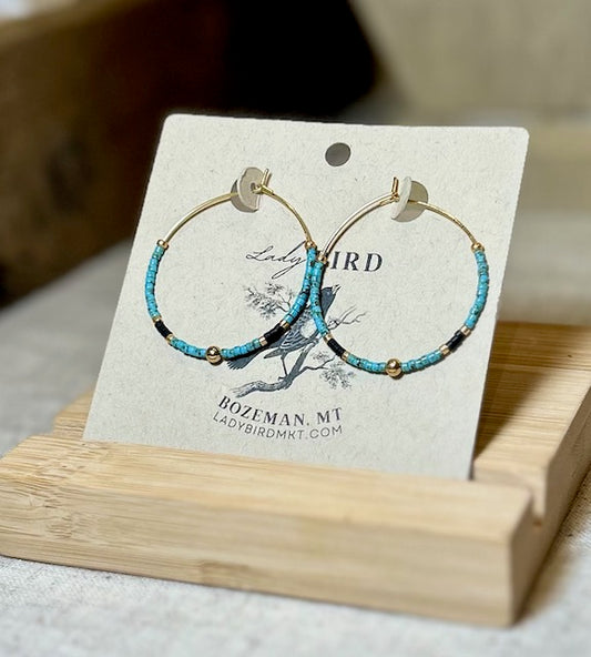 Speckled Turquoise & Black Gold or Silver Beaded Hoop Earrings