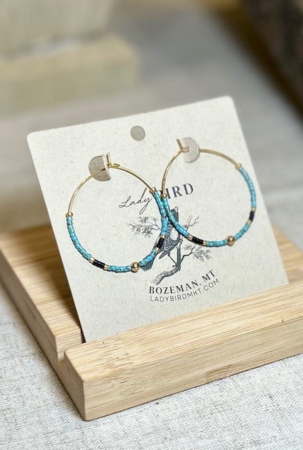 Speckled Turquoise & Black Gold or Silver Beaded Hoop Earrings