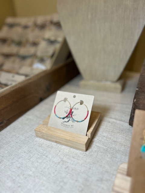 Red & Speckled Turquoise Gold or Silver Beaded Hoop Earrings