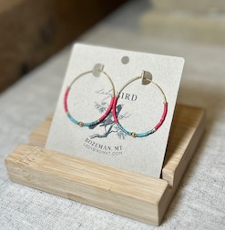 Red & Speckled Turquoise Gold or Silver Beaded Hoop Earrings