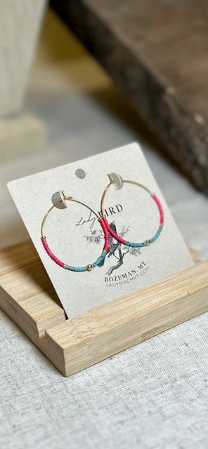 Red & Speckled Turquoise Gold or Silver Beaded Hoop Earrings