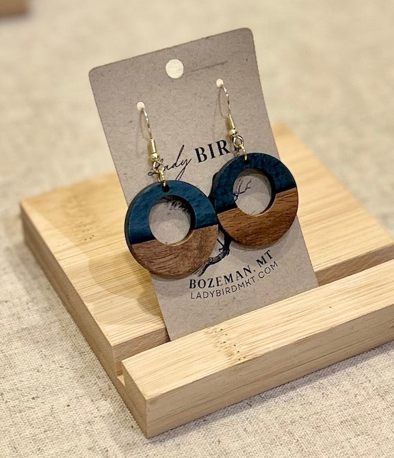 Walnut Wood & Black Resin Circle Earrings