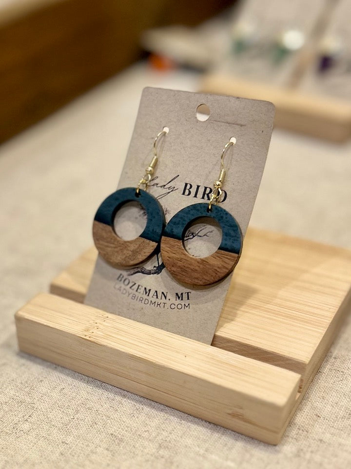 Walnut Wood & Black Resin Circle Earrings