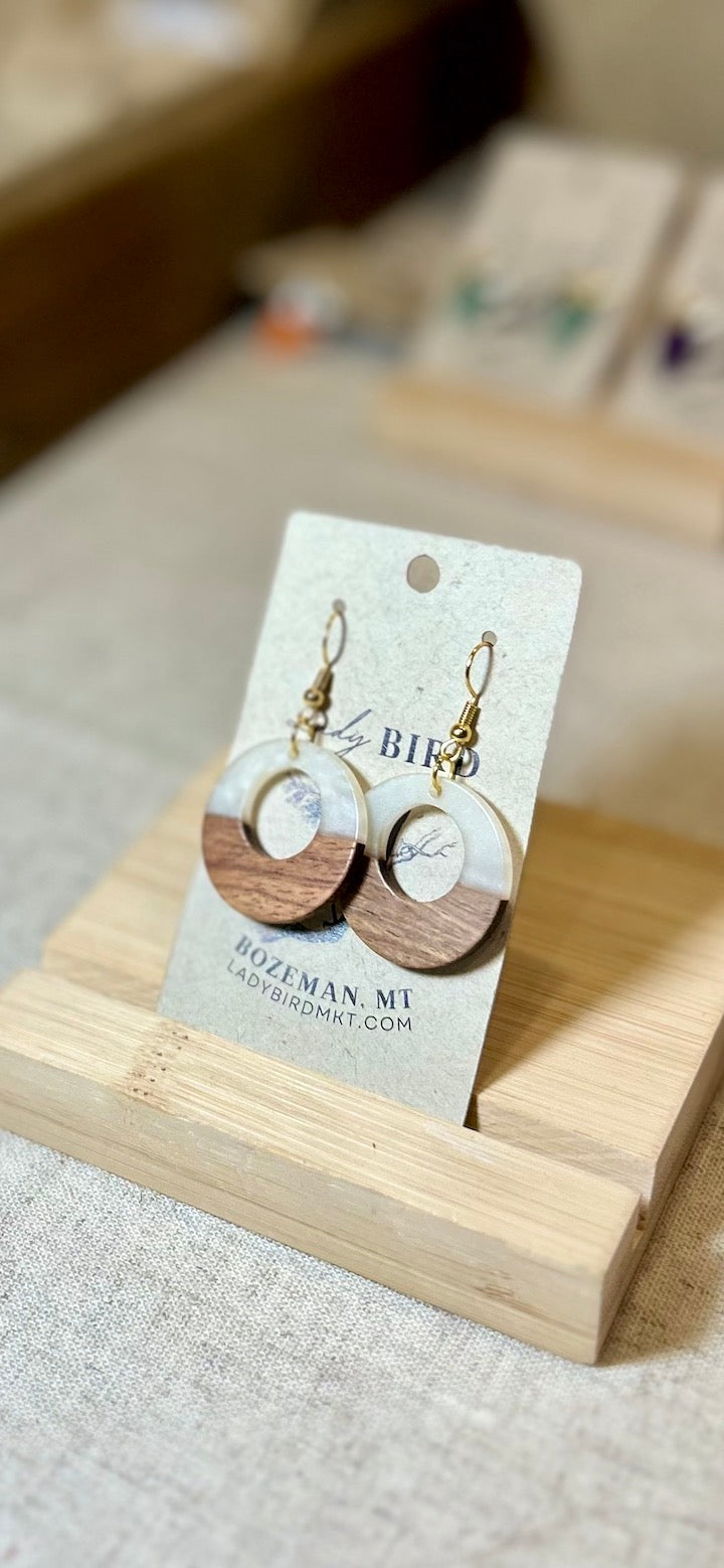 Walnut Wood & White Resin Hoop Earrings