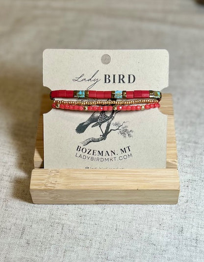 Turquoise & Brick Red on Red Silver or Gold Tila Bead Stacked Bracelet Set