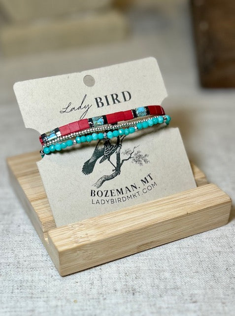 Brick Red & Turquoise on Tuquoise Silver or Gold Tila Bead Stacked Bracelet Set