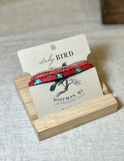 Turquoise & Brick Red on Red Silver or Gold Tila Bead Stacked Bracelet Set