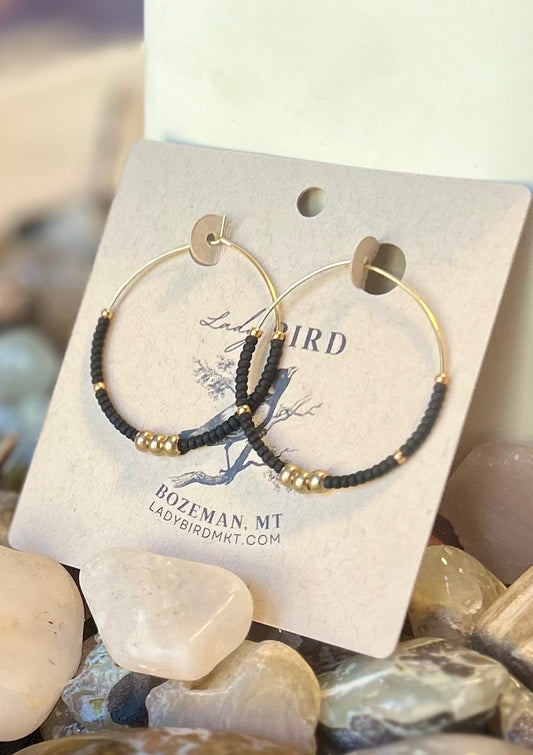 Black & Gold or Silver Pellet Beaded Hoop Earrings