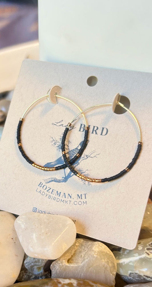 Minimalist Black & Gold or Silver Beaded Hoop Earrings