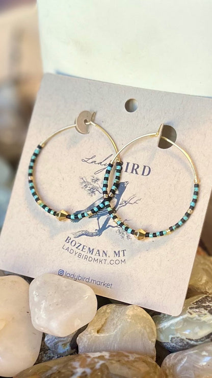 Turquoise & Black Polka Dot Boho Seed Bead Hoop Earrings in Gold