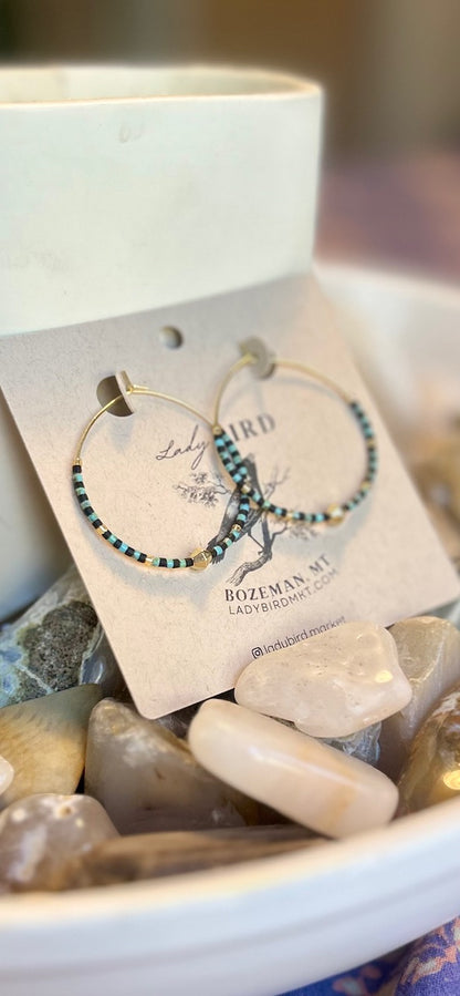 Turquoise & Black Polka Dot Boho Seed Bead Hoop Earrings in Gold