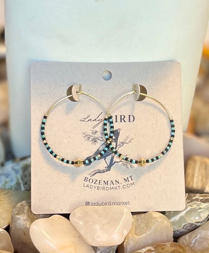 Turquoise & Black Polka Dot Boho Seed Bead Hoop Earrings in Gold