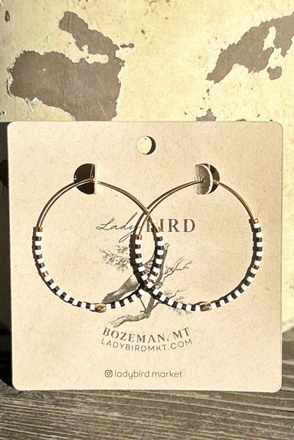 Boho-Style Black & White Polka Dot Beaded Hoop Earrings