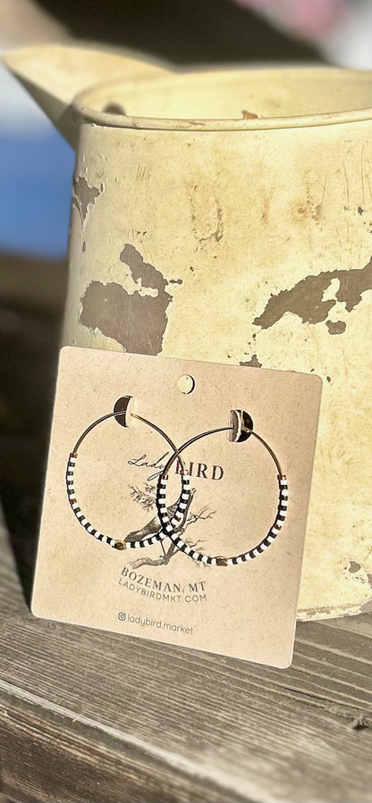 Boho-Style Black & White Polka Dot Beaded Hoop Earrings