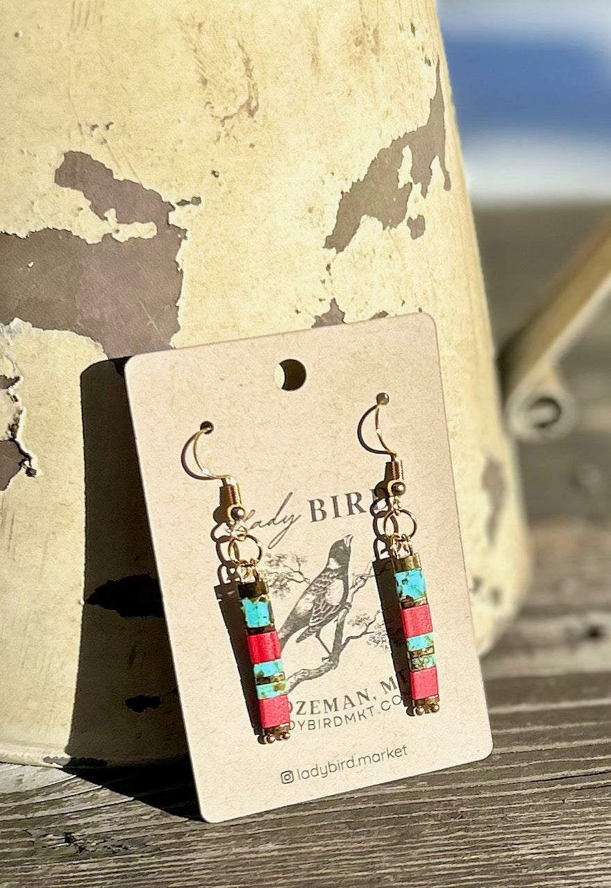 Brick Red & Turquoise with Gold or Silver Tila Bead Dangle Earrings