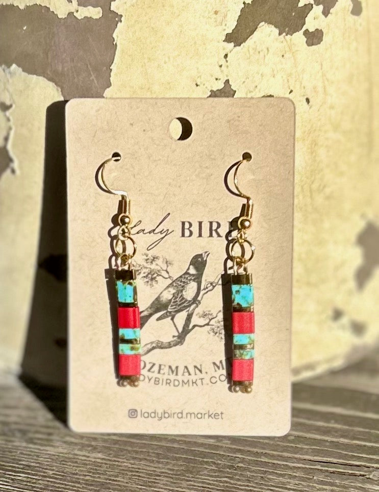 Brick Red & Turquoise with Gold or Silver Tila Bead Dangle Earrings