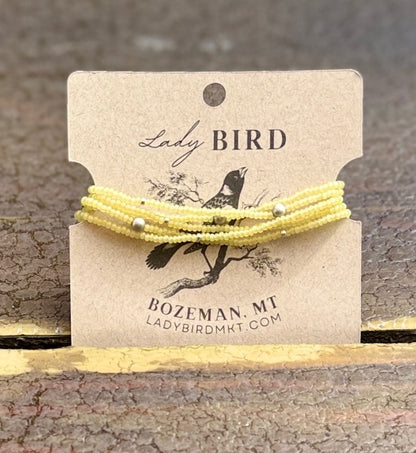 Butter Yellow Seed Bead Wrap Bracelet Stack or Necklace with Silver Accents