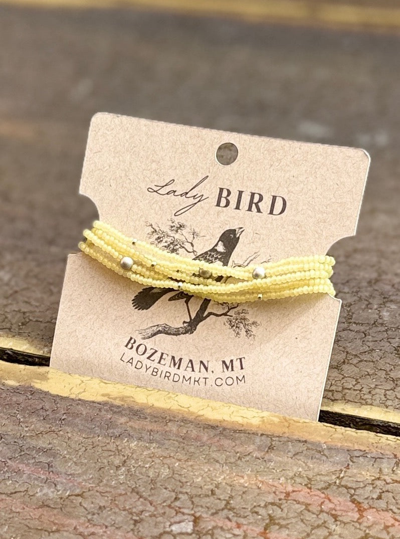 Butter Yellow Seed Bead Wrap Bracelet Stack or Necklace with Silver Accents