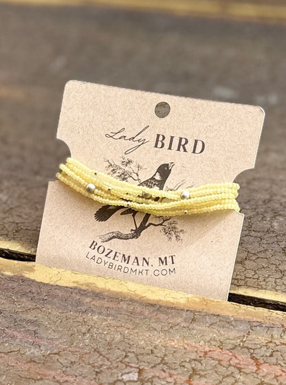 Butter Yellow Seed Bead Wrap Bracelet Stack or Necklace with Silver Accents