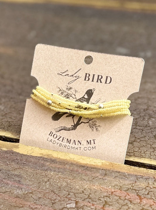Butter Yellow Seed Bead Wrap Bracelet Stack or Necklace with Silver Accents
