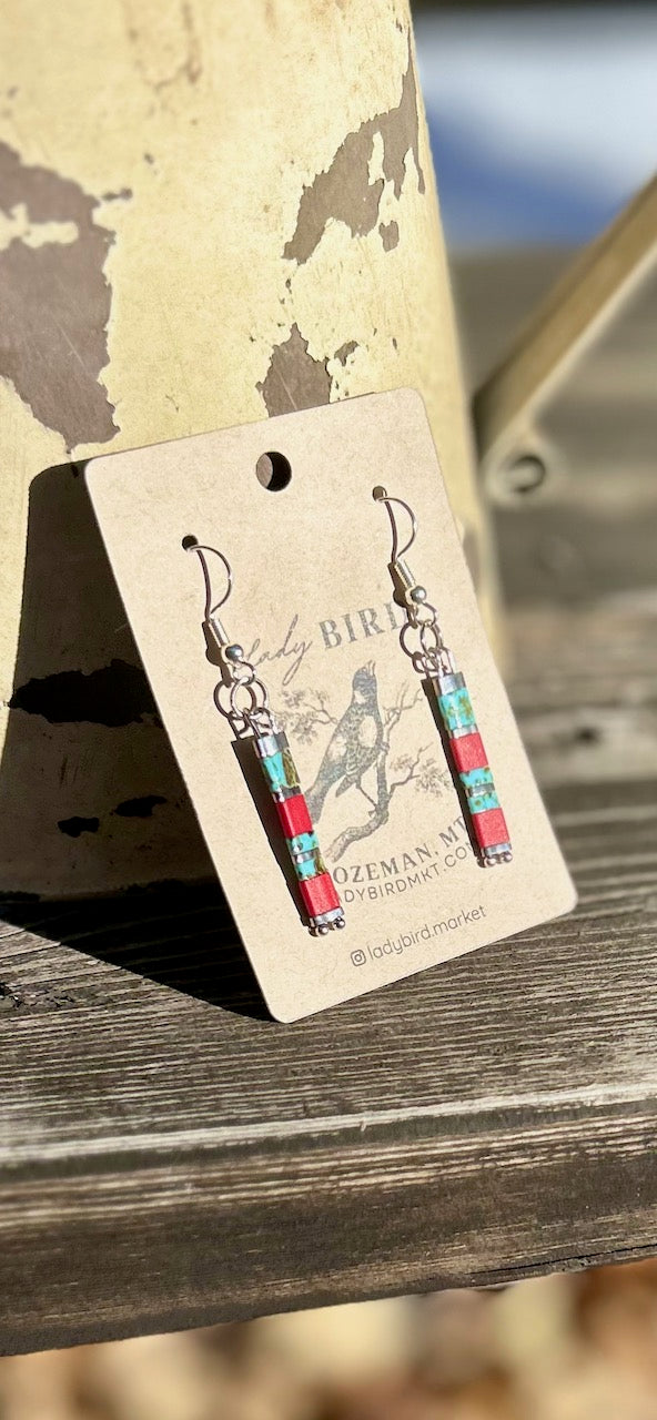 Brick Red & Turquoise with Gold or Silver Tila Bead Dangle Earrings