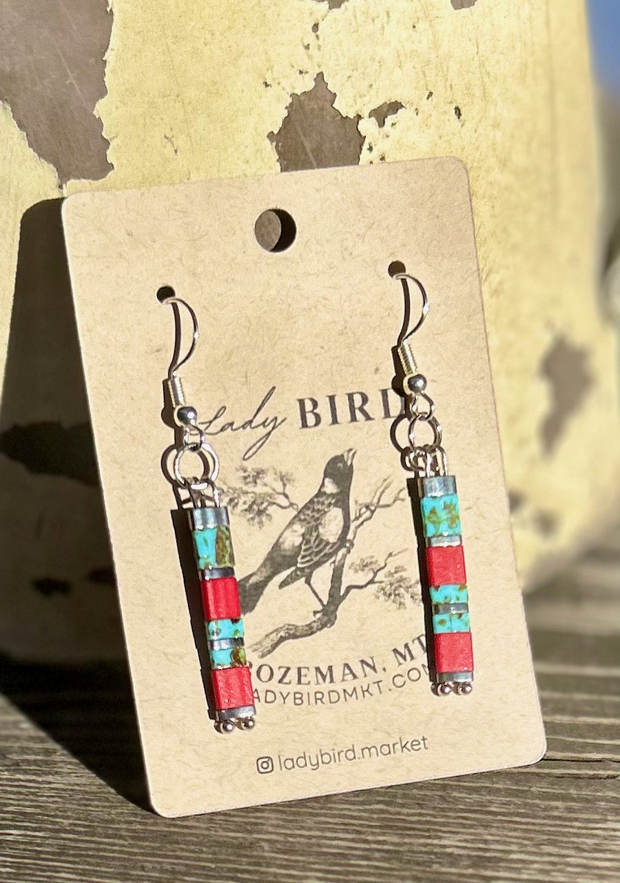 Brick Red & Turquoise with Gold or Silver Tila Bead Dangle Earrings