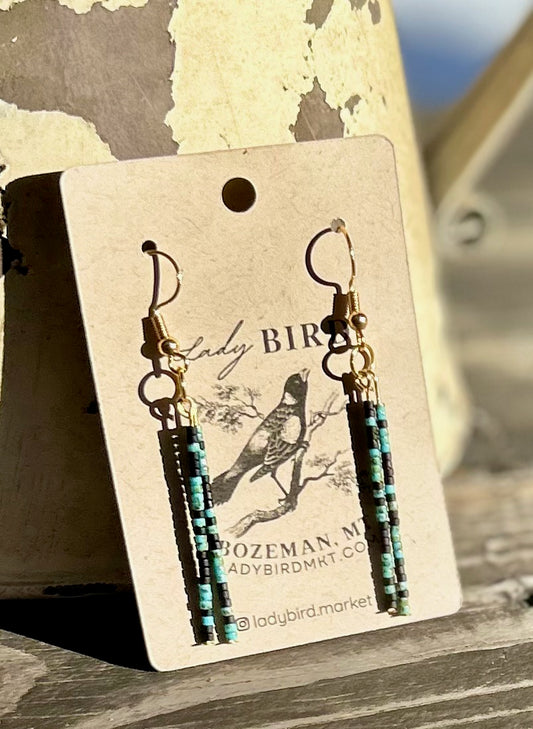 Turquoise & Black Seed Bead Strand Dangle Earrings