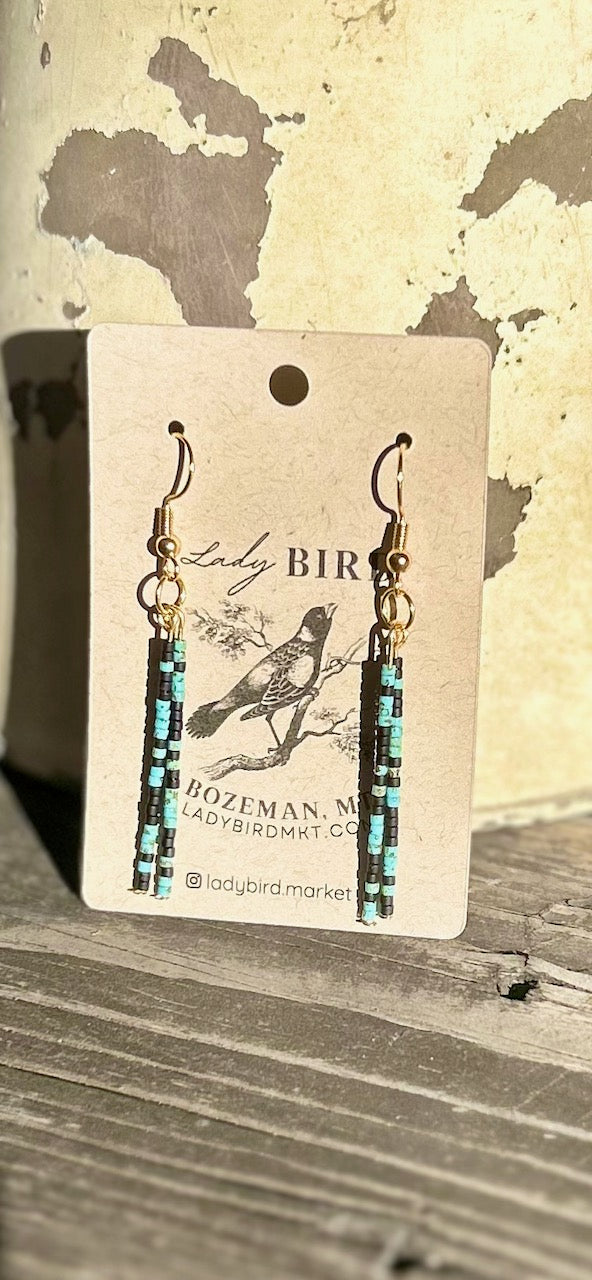 Turquoise & Black Seed Bead Strand Dangle Earrings