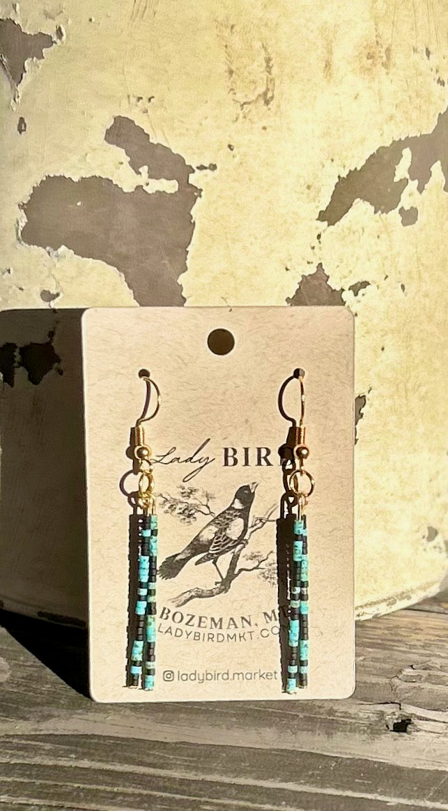 Turquoise & Black Seed Bead Strand Dangle Earrings