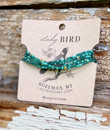 Turquoise Teal Mixed Seed Bead Wrap Bracelet/Necklace with Silver or Gold Accents