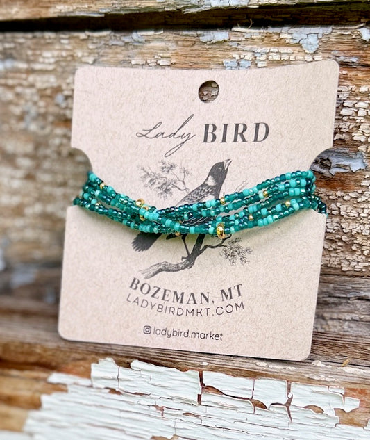 Turquoise Teal Mixed Seed Bead Wrap Bracelet/Necklace with Silver or Gold Accents