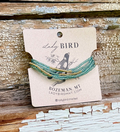 Glowing Green Gold or Silver Striped Seed Bead Wrap Bracelet/Necklace