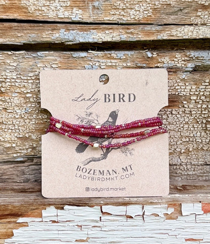 Cranberry Rainbow Seed Bead Wrap Bracelet/Necklace with Gold or Silver Accents