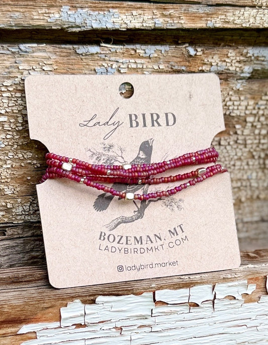 Cranberry Rainbow Seed Bead Wrap Bracelet/Necklace with Gold or Silver Accents