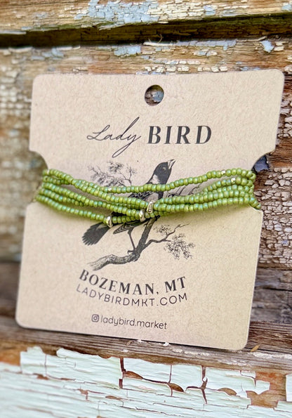 Melon Mist Pale Green & Rainbow Beaded 5-Wrap Bracelet/Necklace