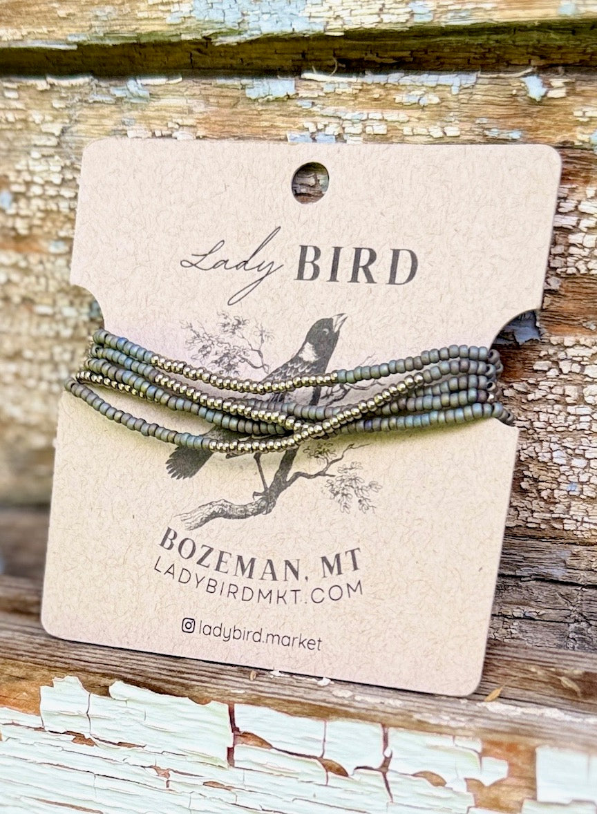 Smoky Grey Rainbow & Antique Silver Striped Seed Bead Bracelet/Necklace