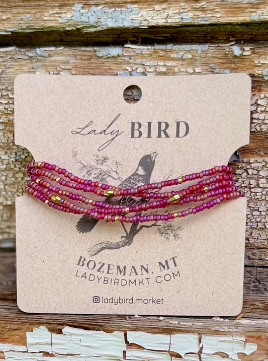 Cranberry Rainbow Seed Bead Wrap Bracelet/Necklace with Gold or Silver Accents