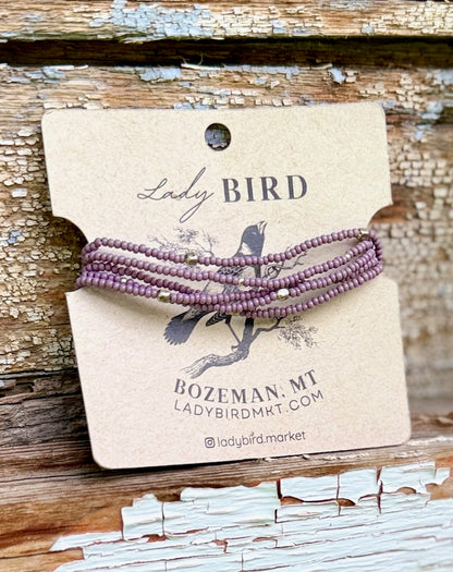 Dusky Violet Pale Lilac Seed Bead 5-Wrap Bracelet or 2x Necklace – Gold or Silver