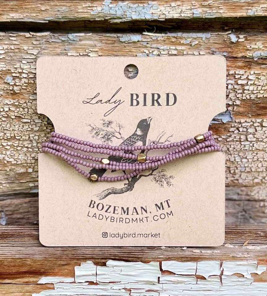 Dusky Violet Pale Lilac Seed Bead 5-Wrap Bracelet or 2x Necklace – Gold or Silver