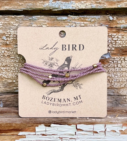 Dusky Violet Pale Lilac Seed Bead 5-Wrap Bracelet or 2x Necklace – Gold or Silver