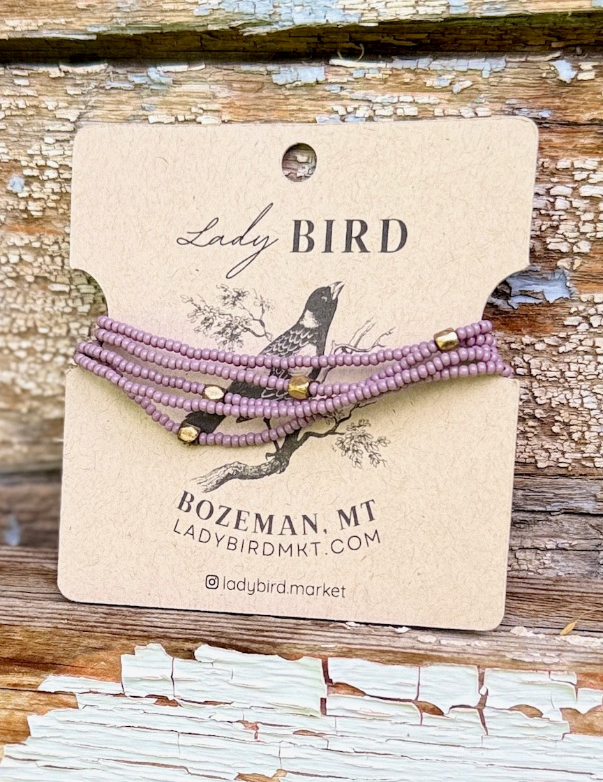Dusky Violet Pale Lilac Seed Bead 5-Wrap Bracelet or 2x Necklace – Gold or Silver