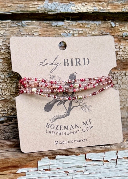 Rose Garden Cranberry & Pink Seed Bead 5-Wrap Bracelet or 2x Necklace – Gold or Silver