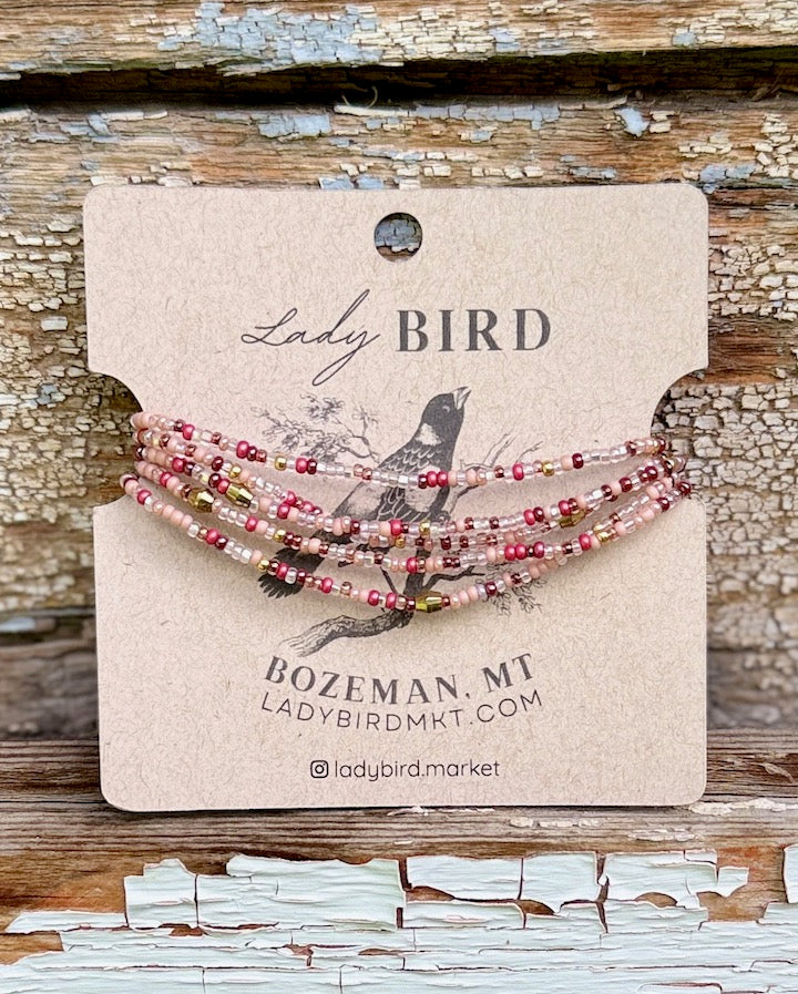 Rose Garden Cranberry & Pink Seed Bead 5-Wrap Bracelet or 2x Necklace – Gold or Silver