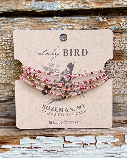 Rose Garden Cranberry & Pink Seed Bead 5-Wrap Bracelet or 2x Necklace – Gold or Silver