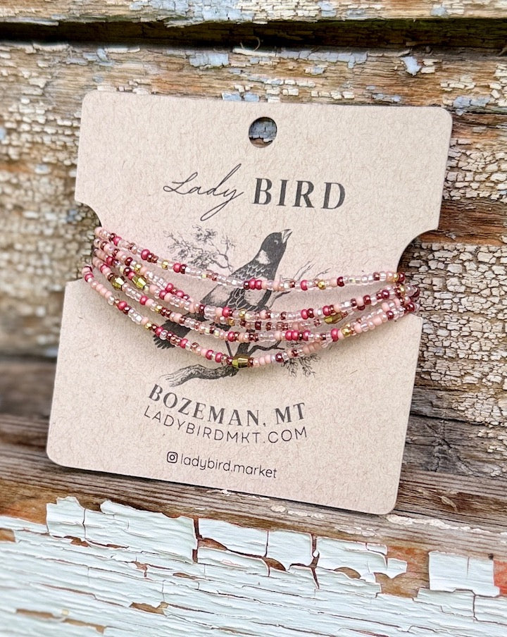Rose Garden Cranberry & Pink Seed Bead 5-Wrap Bracelet or 2x Necklace – Gold or Silver