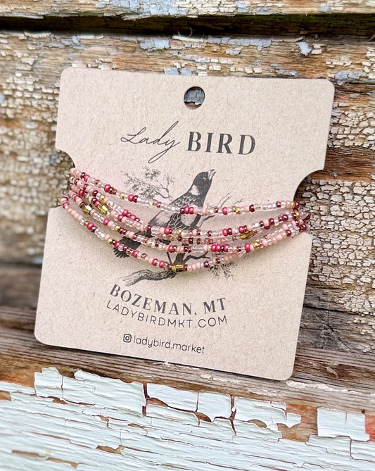 Rose Garden Cranberry & Pink Seed Bead 5-Wrap Bracelet or 2x Necklace – Gold or Silver
