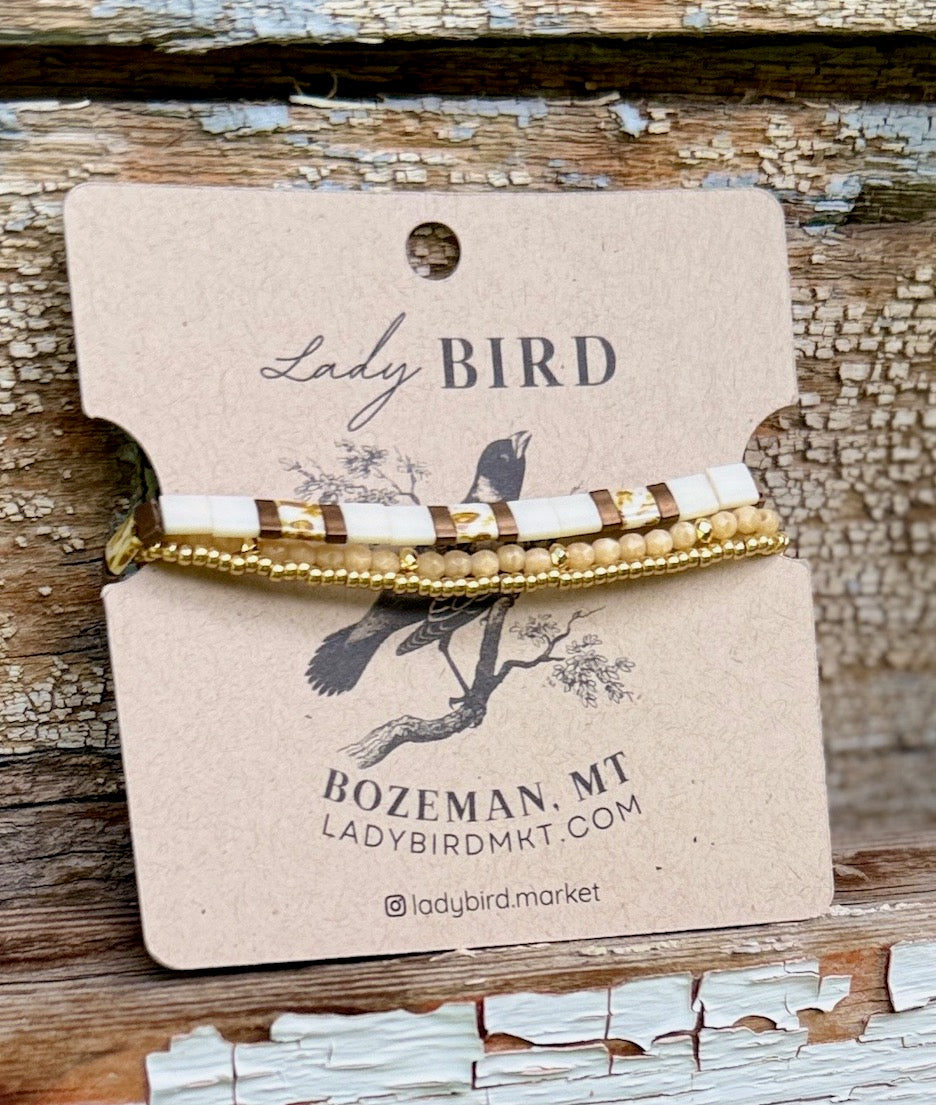 Creamy White Harvest & Bronzed Gold Tila Bead Stacked Bracelet Set
