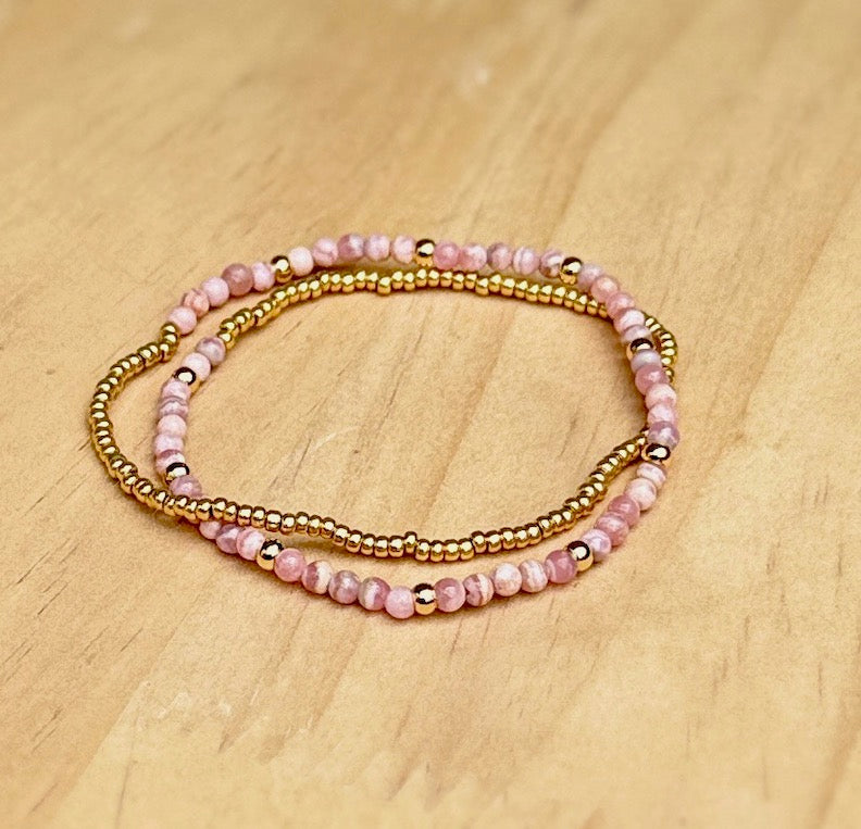 Rhodochrosite Gemstone Double-Wrap Stretchy Bracelet – Gold or Silver Accents